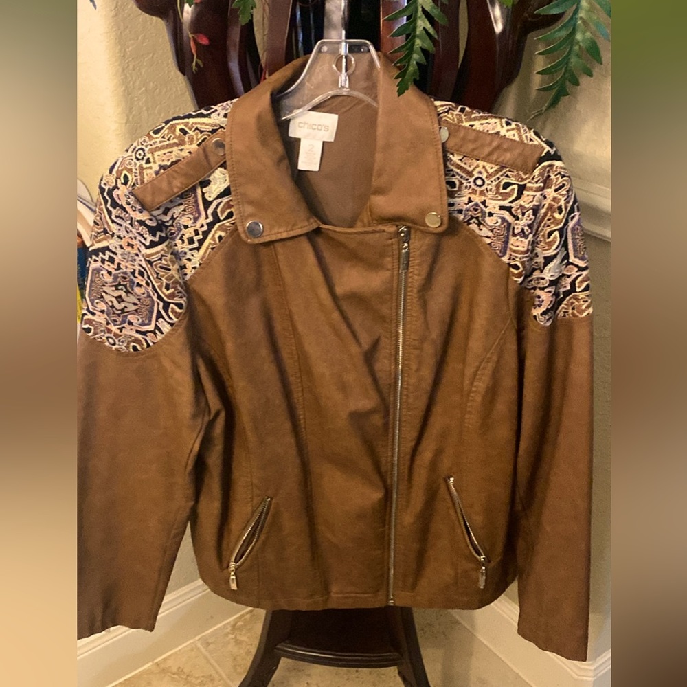 Chicos- Brown Faux Leather Bomber Jacket - Chicos Size 2